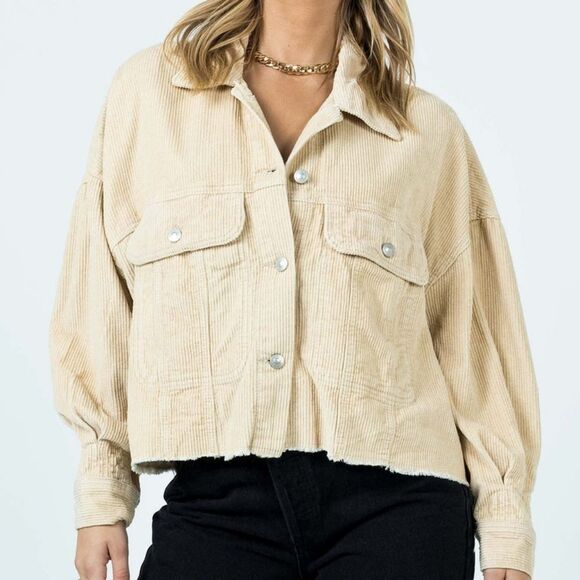 Princess Polly Lost Feelings Tan Raw Hem Cropped Corduroy Jacket Medium Large - Picture 2 of 15